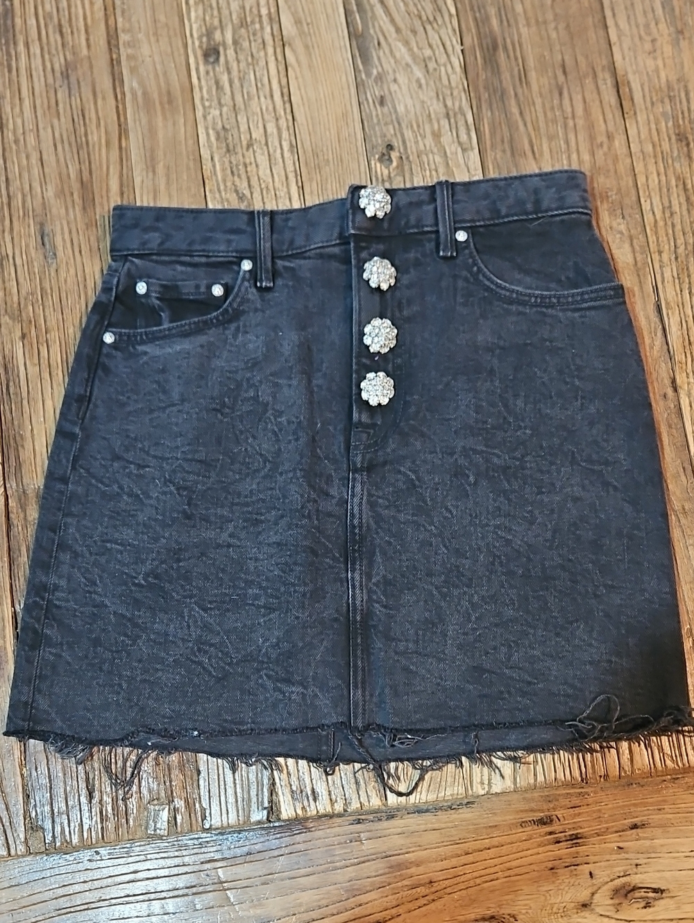 GRLFRND Black Denim Mini Skirt with Rhinestone Floral Buttons Size 25